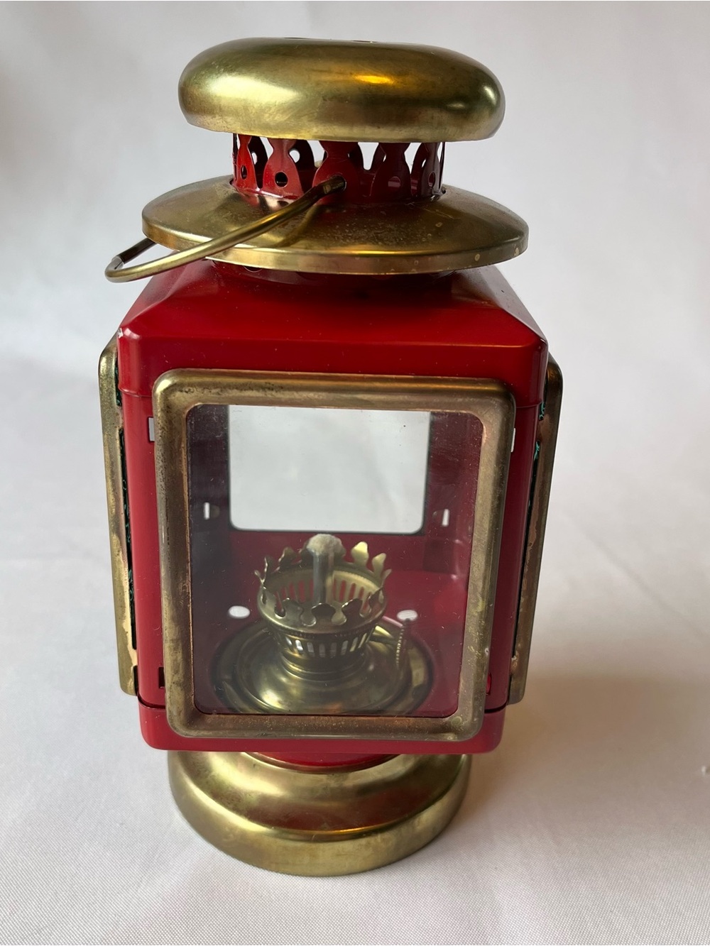 Vintage Decorative Red And Gold Brass Carriage Style Oil Lantern 1960s